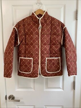 Quilted Brown Patterned Women's Jacket with Contrast Trim